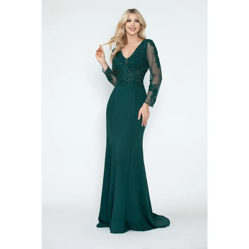 slim fit dress slacks Hunter Green Chiffon Prom Long Dresses Beaded V-Neck main image 0
