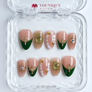 Younique Nails 2025 | Cosmic / Galaxy Press-On Nails Collection | 10PCS 100% Handmade Press-On Nails | Reusable Colorful Art Glossy Design Acrylic Luxury Long Lasting 3D Stylish Office Wear Floral Embellished Rhinestone salon-quality