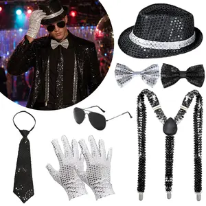 1920s Flapper Gatsby Party Costume Kit, Glitter Sequin Fedora Hat Suspender Necktie Bow Tie Sequin Gloves Sunglasses Set for Jazz Dance Halloween Carnival Cosplay