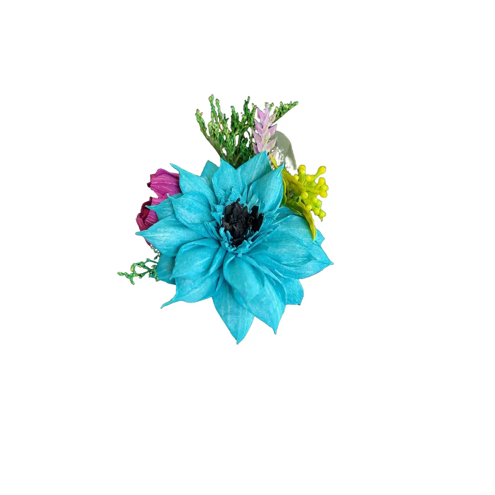 Jewel Tone Teal Blue Wood Flower Boutonniere - Decorative Collar Clip & Brooch with Lavender Accents and Greenery