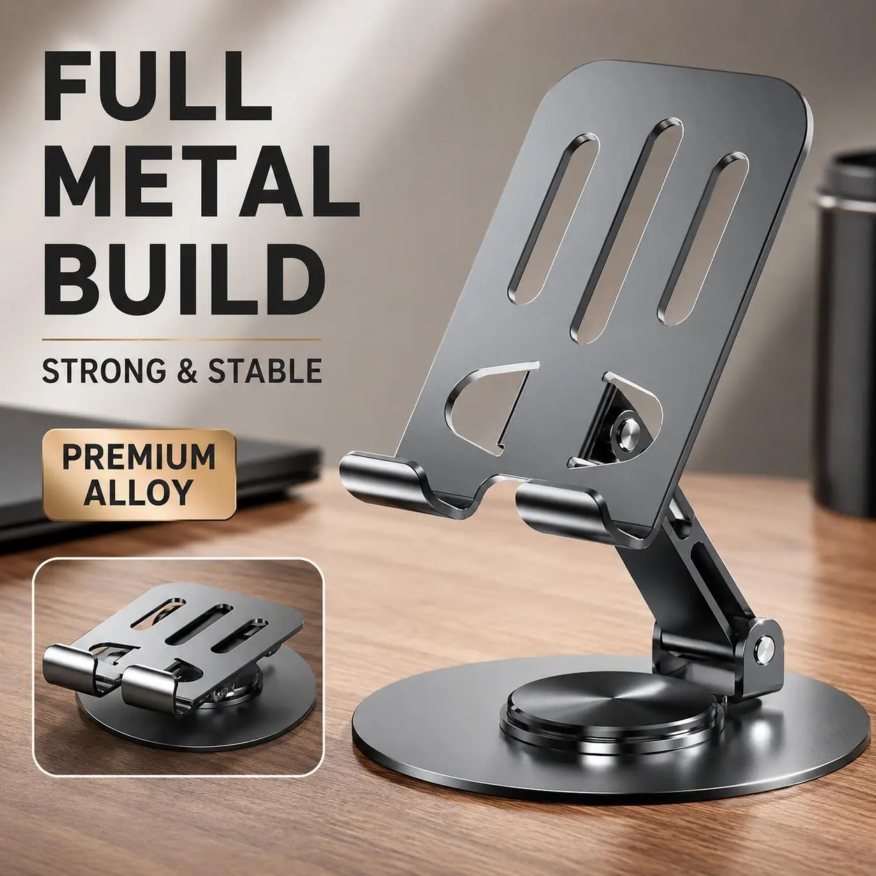 Metal Mobile Phone Stand for Desk - 360° Adjustable Rotating Smartphone Holder, Folding Desktop Accessory with Non-Slip Base, Compatible with iPhone, Android Cellphone, Tablets