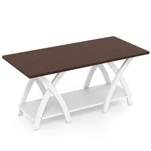 COSTWAY - 40 Inch Farmhouse Wooden 2-Tier Coffee Table with Storage Shelf for Living Room-Walnut