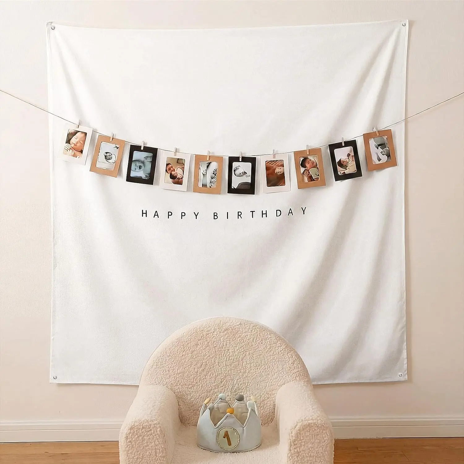 Gilprop 59x59 In Wrinkle-Free Polyester Boho Country Wooden Backdrop Set - Minimalist White Fabric Banner, 10 Photo Frames, Custom Hanging Wall Flag, Souvenir Decoration for Indoor Parties & Outdoor Yards