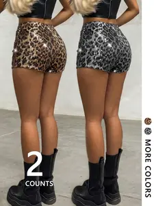 Women's Y2K Sequin Leopard Print Shorts Set, Slim Fit Knit Lining, Casual Street Style, Streetwear, All Seasons, Party, Fashion Outfit, Womenswear
