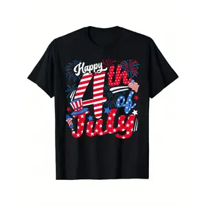 Cotton Short Sleeve  T-Shirt Men's 4th of July Independence Day Graphic T-Shirt - Soft Cotton, Short Sleeve, Black with "HAPPY 4TH OF JULY" Print & American Flag Design, Casual Tee for Outdoor Celebrations