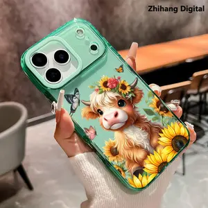 Sunflower Floral Highland Cow Premium TPU Soft Phone Case for iPhone 17 Pro Max Air 16 Plus 15 14 13 12 11 Anti-Yellowing Shockproof durable ultra-thin Crystal Cover Protection Smartphone Protector