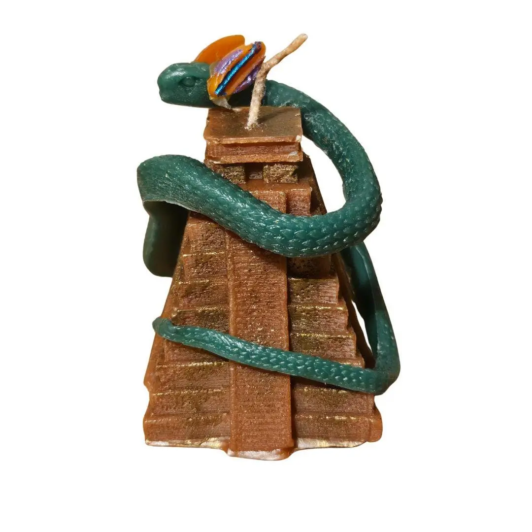 Quetzalcoatl candle with Aztec temple
