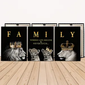 3 Counts Wooden Framed Canvas Painting, Royal Lion Family Portrait, Artistic Exquisite Poster, Perfect Living Room Decoration, Modern Art, Fashion Family Poster, Wall Art Decoration, Waterproof Art