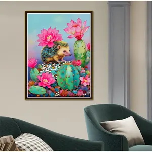 Hedgehog & Cactus Theme DIY Cross Stitch Kit, Cartoon Home Decor Painting, Healing Handmade Material Pack, Full Embroidery Craft Set