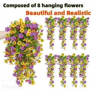 8 PCS Faux Silk Daisy with Eucalyptus Leaves, Artificial Fake Hanging Flowers Plants for Outdoor Autumn Decoration,UV Resistant Look Real Long Trailing Vines for Outside Home Indoor Planter Porch Patio Balcony Yard Decorartificial outdoor plants garden