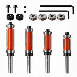 Crosstar 4pcs Edge Milling Cutter Set, 1/4" Handle, Hardened Alloy Template Guide, 1/2" Diameter, Includes Wrench and Bearings