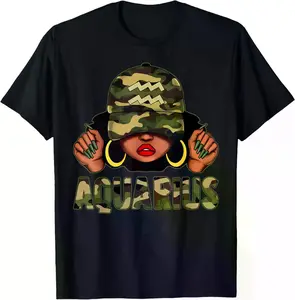 Elegant 100 Cotton Aquarius Queen T Shirt for Black Women Featuring Cap Camo Design and Zodiac Theme