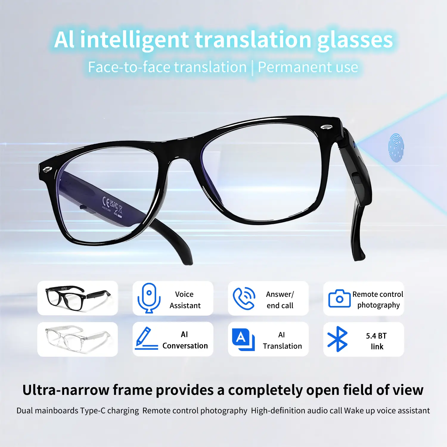 AI Glasses for Men Women, AI Translator Powered with Real-Time Translation(160+Languages), Touch Control, Voice Assistant,Music Playback&Hands-Free Calling, BT Glasses for Travel/Business/Study
