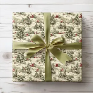 Vintage Christmas Toile Gift Wrapping Paper, Green Gift Wrap Roll, Holiday Wrapping Paper, Retro Christmas Wrapping Paper Rustic Green Toile