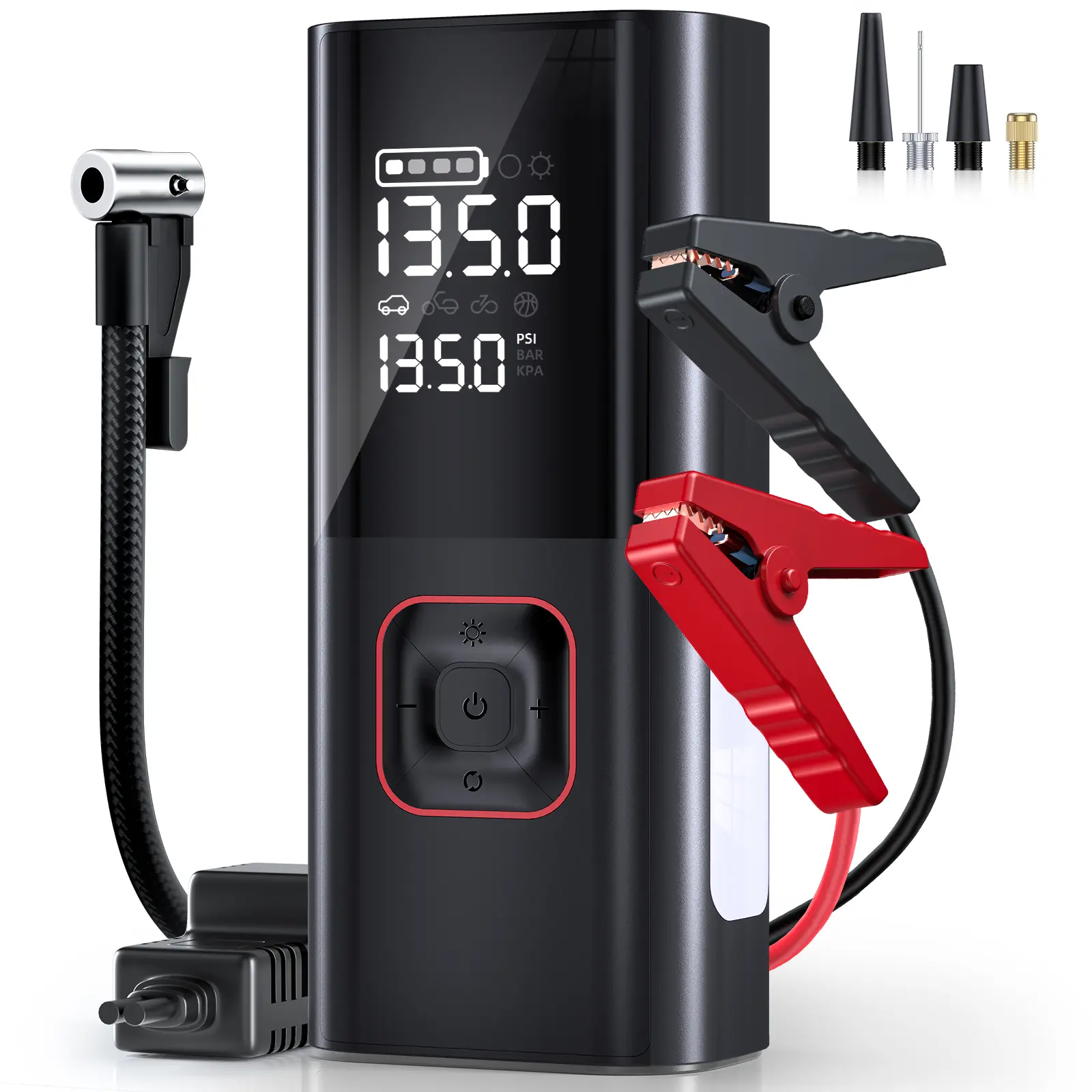 Jump Starter with Air Compressor, 1500A Peak 12V Battery Booster, 160PSI Tire Inflator, Fast Charging Power Bank, LED Emergency Light for Roadside Use