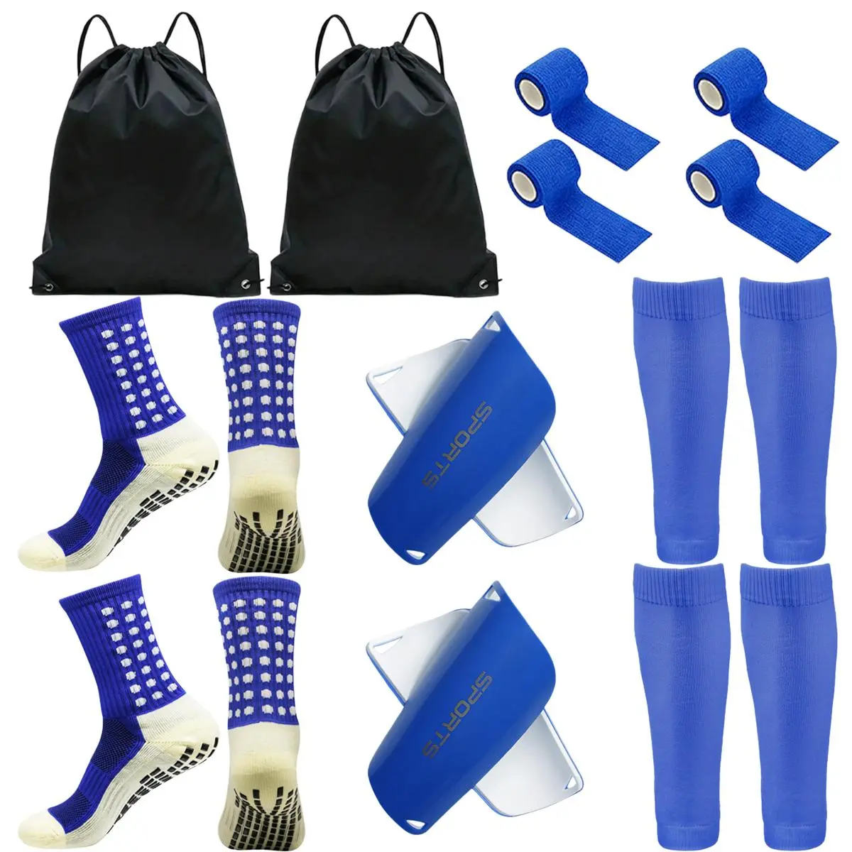 Polyester-Nylon Soccer Accessories Kit with Drawstring Backpack, Non-Slip Grip Socks, Shin Guards, Breathable Leg Sleeves for Football Practice