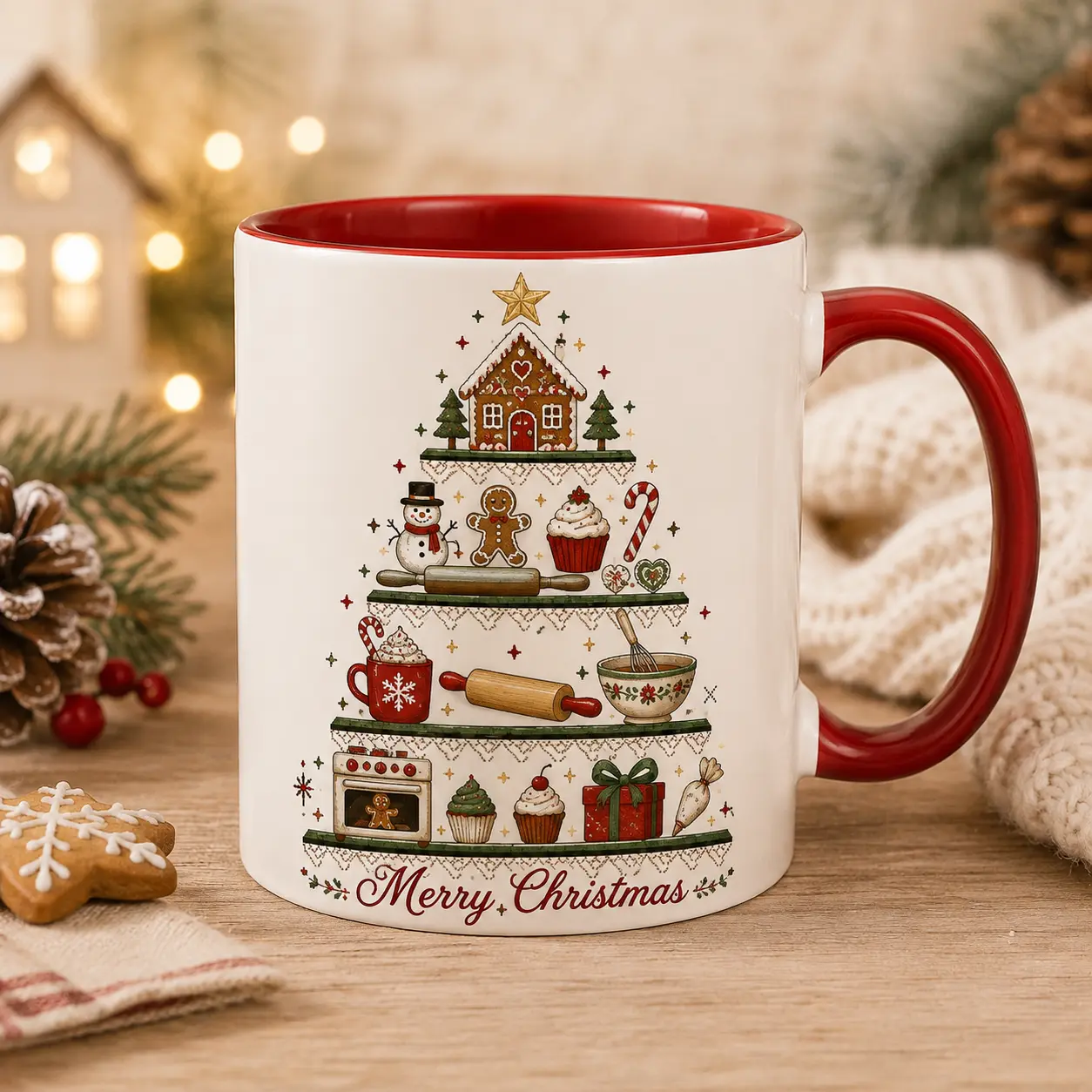 Merry Christmas Baking Coffee Mug, Gingerbread Kitchen Holiday Mug, Christmas Cookies Cupcake Ceramic Cup