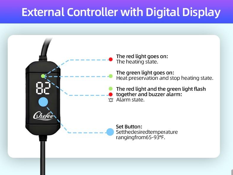 Chefoo 100W-200W Submersible Aquarium Heater Adjustable Fish Tank Heater with Digital Display External Controller Overheat Protection & Free Thermometer for 10-30 Gallons Freshwater Saltwater Tank