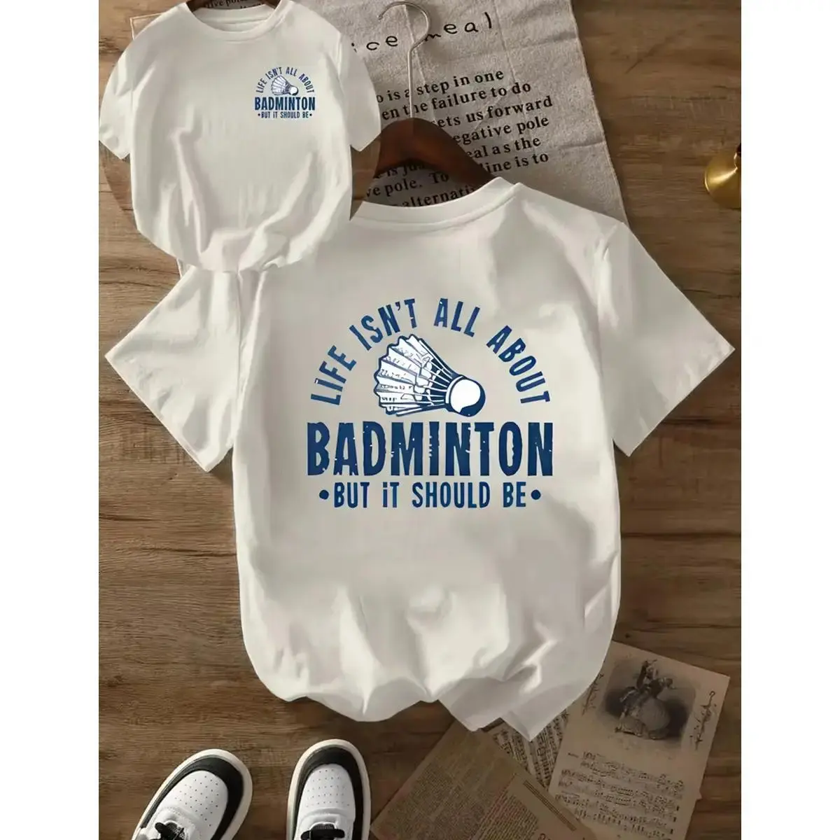Women's White Badminton Print Double-Sided T-Shirt, Loose, Easy, Breathable And Versatile Top for Lovers