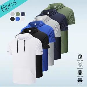 Men's Sports Hooded Short Sleeve - Polyester Pullover with Reflective Strips, Suitable for Running, Workouts, and Casual Wear, Solid Color, Machine Washable, Regular Fit, Durable Athletic Apparel