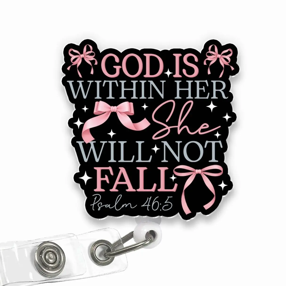 God Is Within Her She Will Not Fall Badge Reel, Christian Bible Verse Coquette Acrylic Retractable ID Holder with Clip, Faith Nurse Gifts CK7