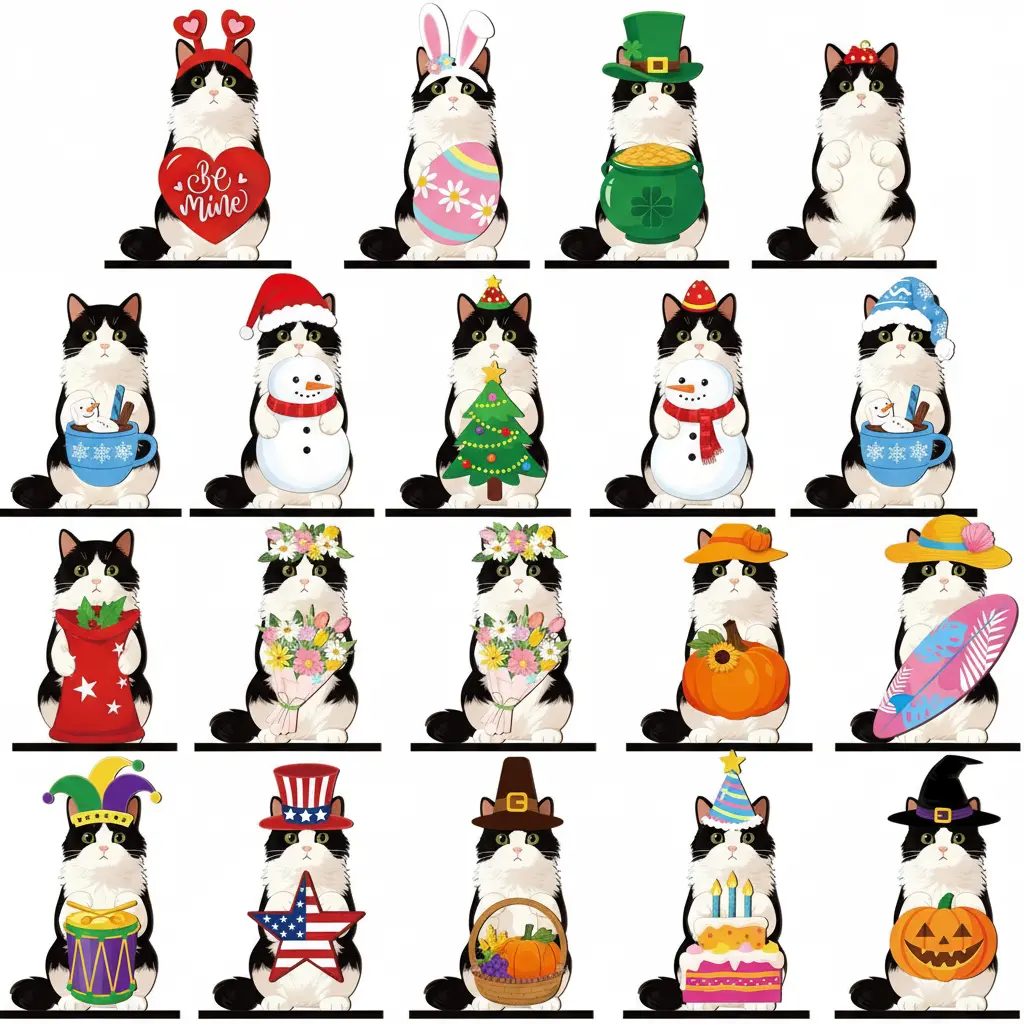 Cat Sign Gift Animals Ornaments Wooden Sign Cat Desk Decor Cat Interchangeable Pet Ornaments with Magnet Detachable Hats for Summer Holiday Seasonal Birthday Party, Gift for Pet Owning Families and Animal Lovers