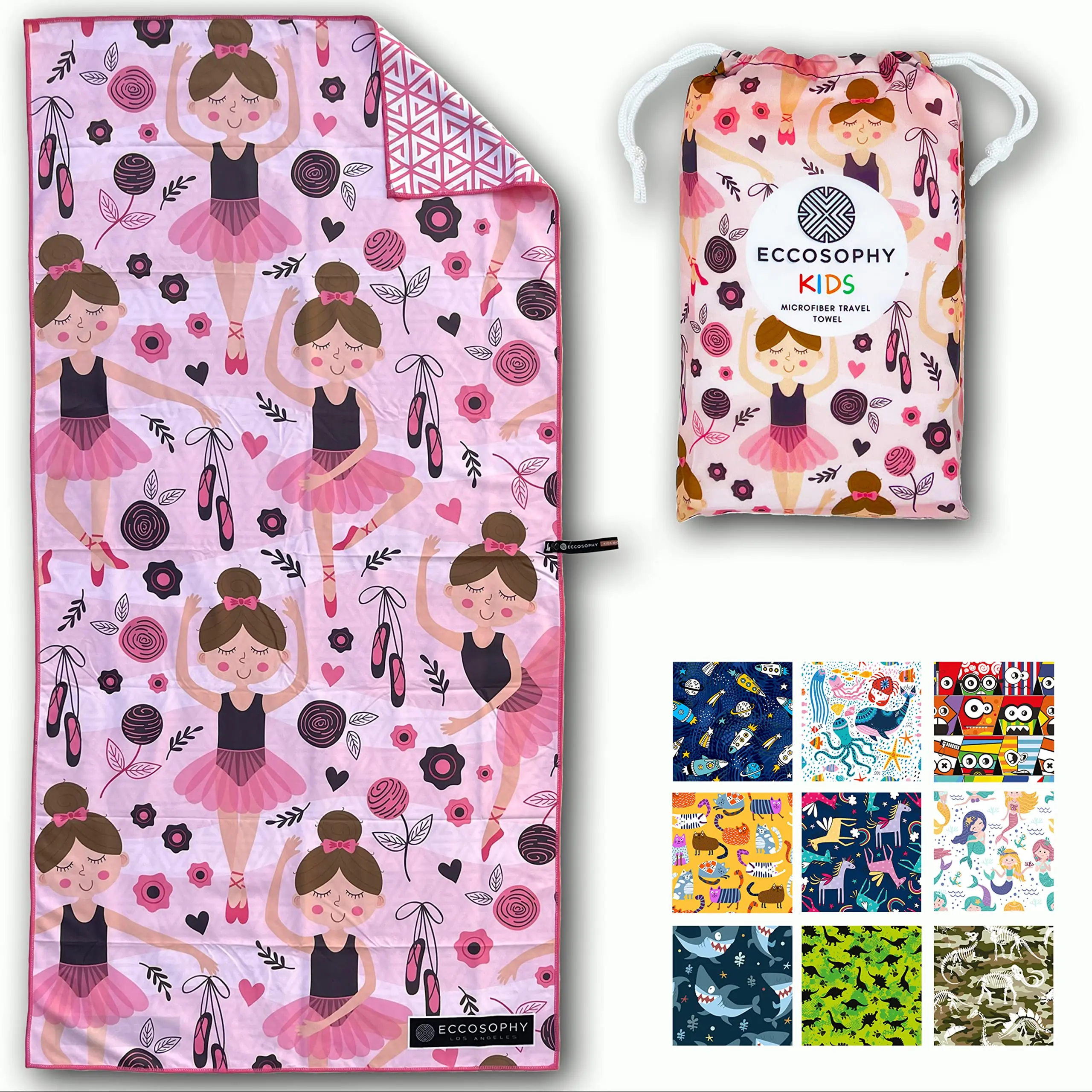 ECCOSOPHY Microfiber Kids Beach Towel – Quick Dry, Sand Free & Lightweight – Pool, Travel & Camping Essential – 60”x30” with Pouch (Ballerina)