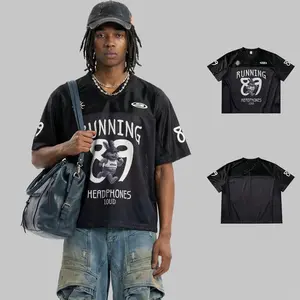 Men's Retro Football Jersey, Oversized V-Neck Short Sleeve with Rabbit Print, Breathable Mesh Streetwear Athletic Shirt, Casual Urban Sportswear Tee with 89 Graphic