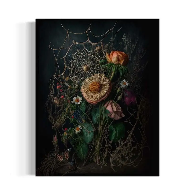 Gothic Floral Wall Art, Flowers and Spiderweb, Moody Aesthetic, Botanical Antique Painting, Dark Academia Decor, Room Decor