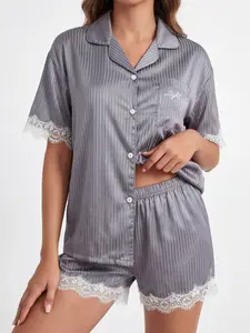 Womens Gray Striped Satin Short Sleeve Shirt And Shorts Pajama Set With Lace Trim And Embroidery Soft Fabric Comfortable Sleepwear For Spring Summer Cozy Home Wear Or Elegant Lounge Loungewear