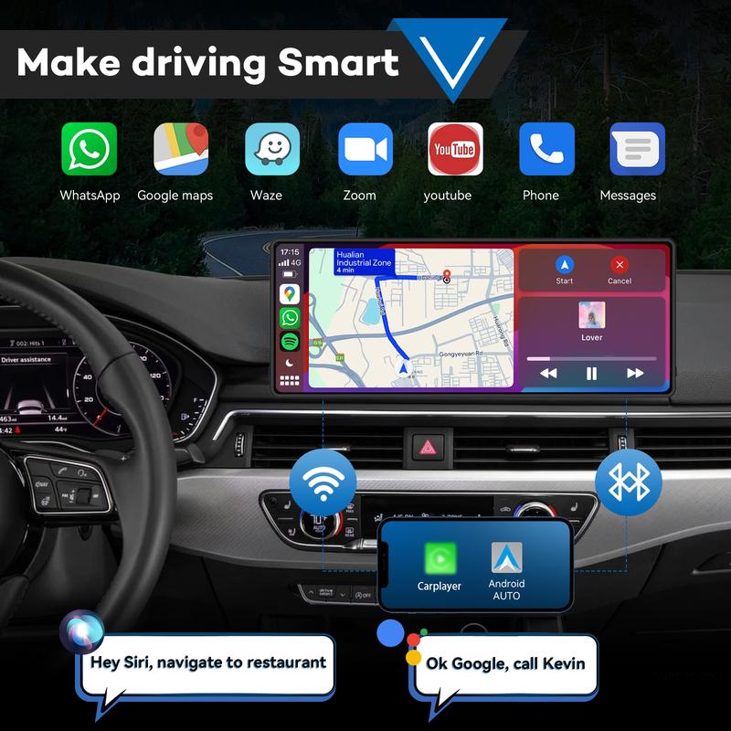 10.26 Inch Carplay Display Screen, Touchscreen, Car Video Player, with Mirror Link/Backup Camera/Bluetooth/GPS Navigation/AUX for All Vehicles  Android Auto Functionality, Rearview Camera Included