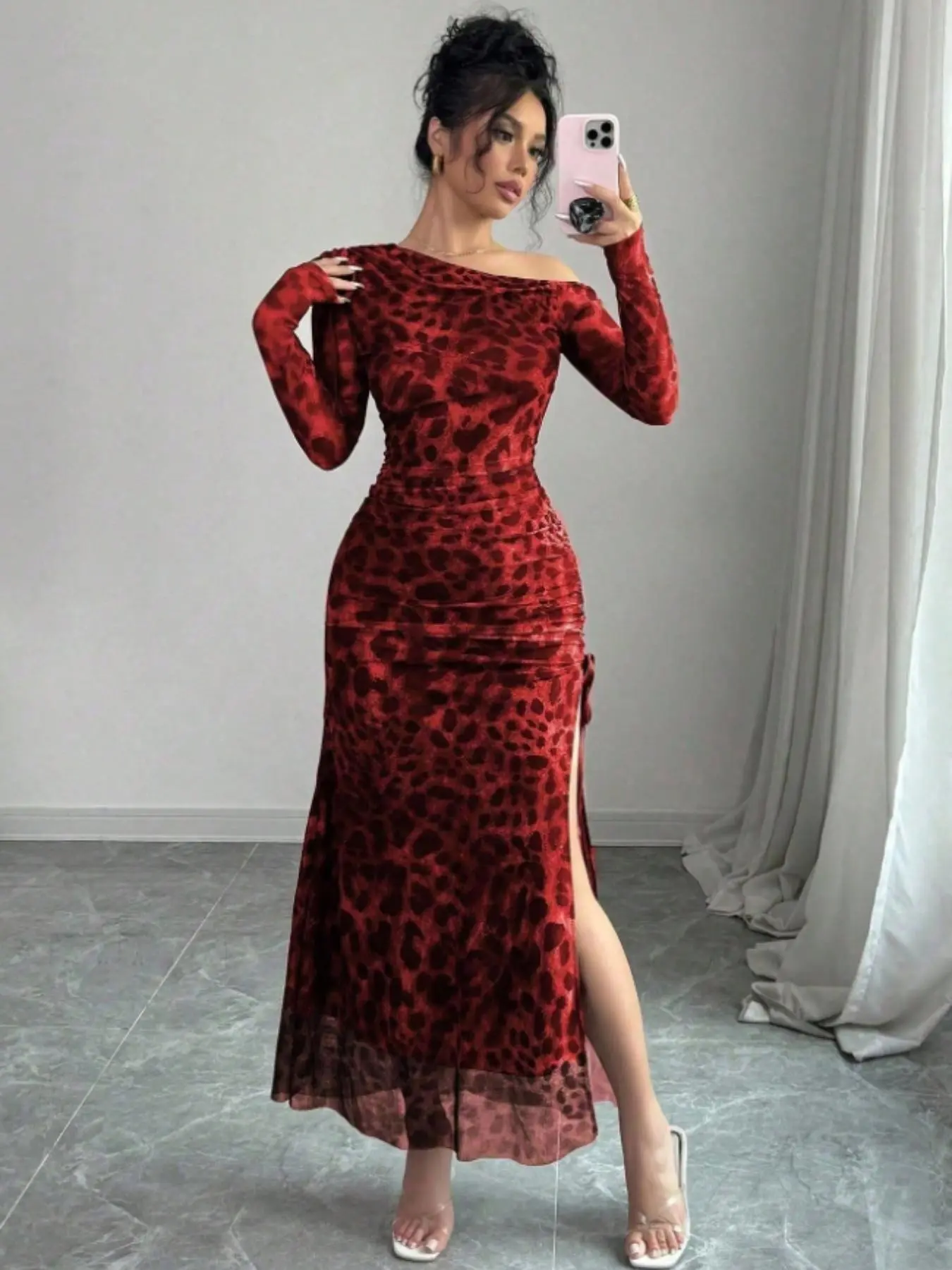 Elegant Zabao Gradient Ruched Mesh Leopard Print Asymmetric Neck High Slit  Long Sleeve Dress, Women's Fashion Set, Stylish, Formal, Chic and Trendy -  TikTok Shop