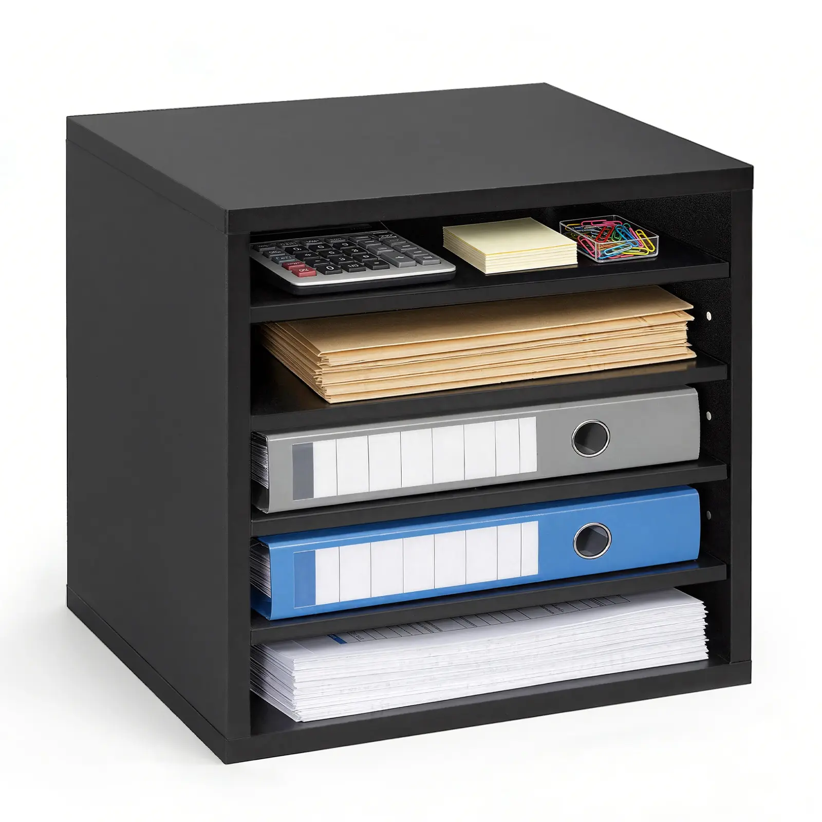 【summerfinds】VEVOR MDF Wooden Literature Organizer, 5-Compartment Office Mailbox with Adjustable Shelves & Dividers, Work Desk Accessories for Office Stationery Supplies, Black, Adjustable Dividers, Stationary Organizer Holder