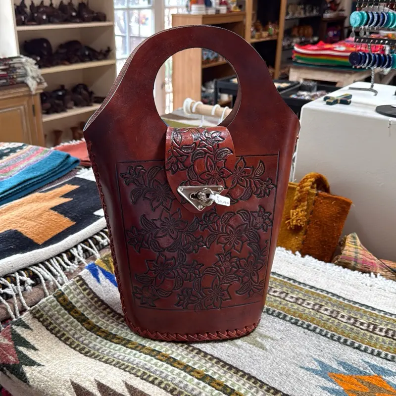 Authentic Leather Hand Bag Made in Mexico with Intricate Floral Embossing and Secure Clasp Design