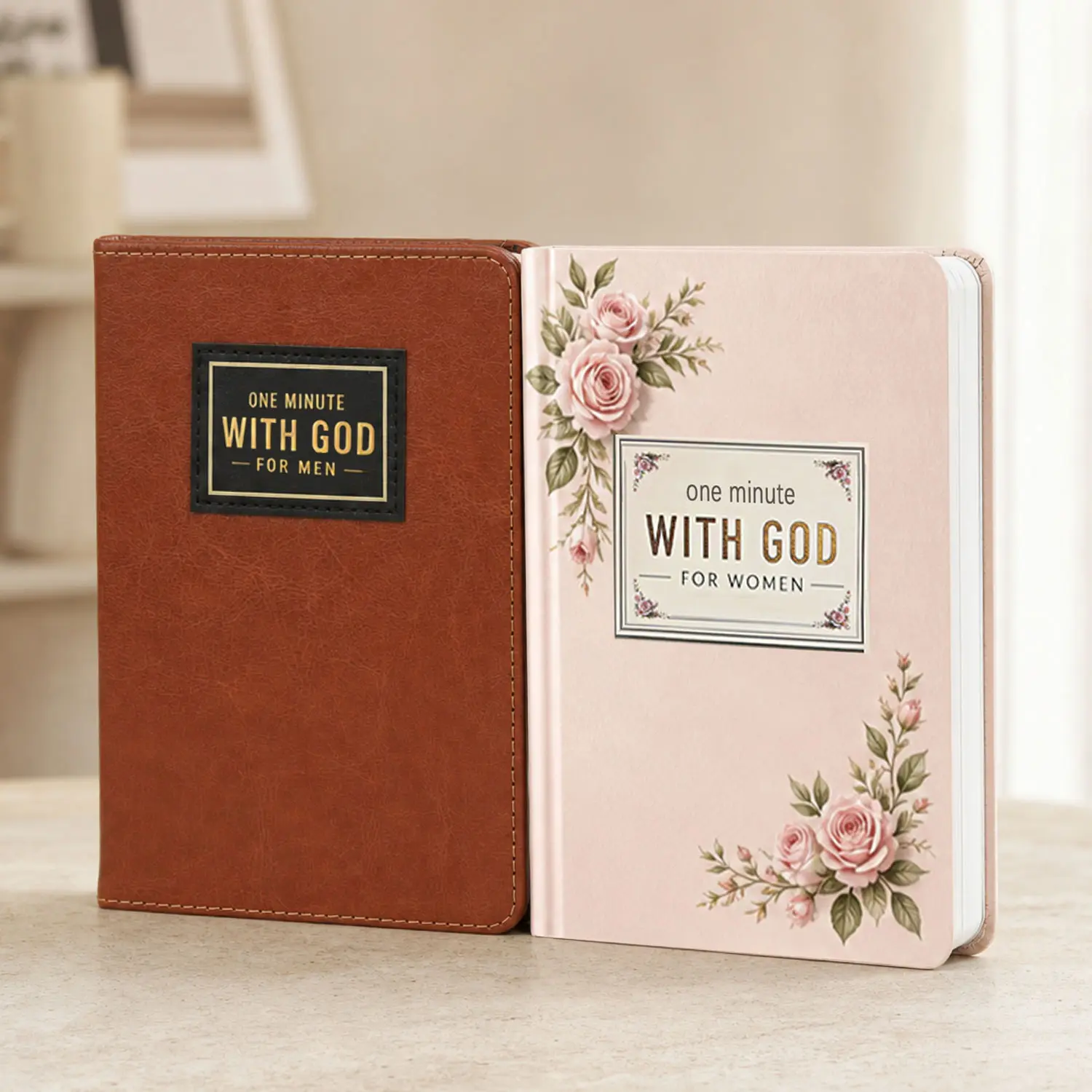 One Minute With God Devotional Set for Men & Women,365 Devotions in Brown Faux Leather,Christian Prayer & Reflection Journals , Perfect Gift for Holidays Birthdays New Year, Self Improvement Journal bible