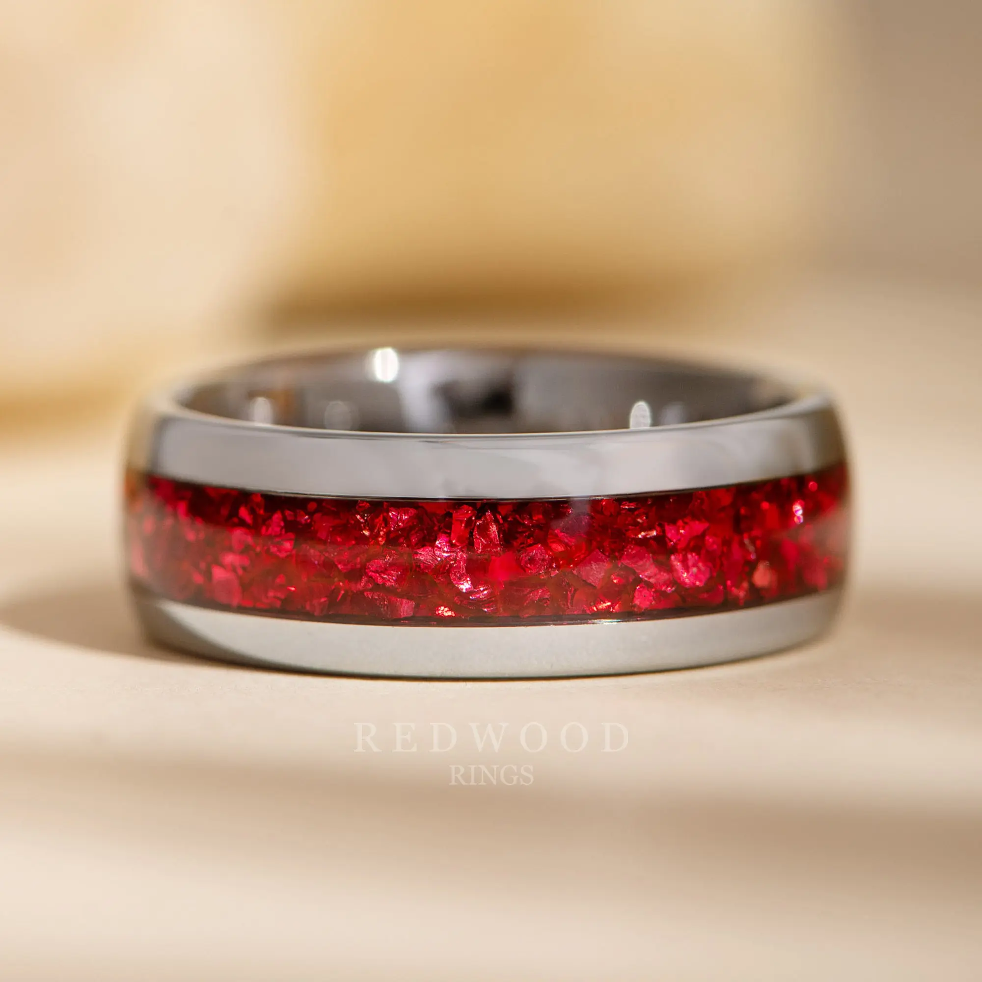 Silver Tungsten Ring with Red Lab-Created Garnet Inlay - 8MM