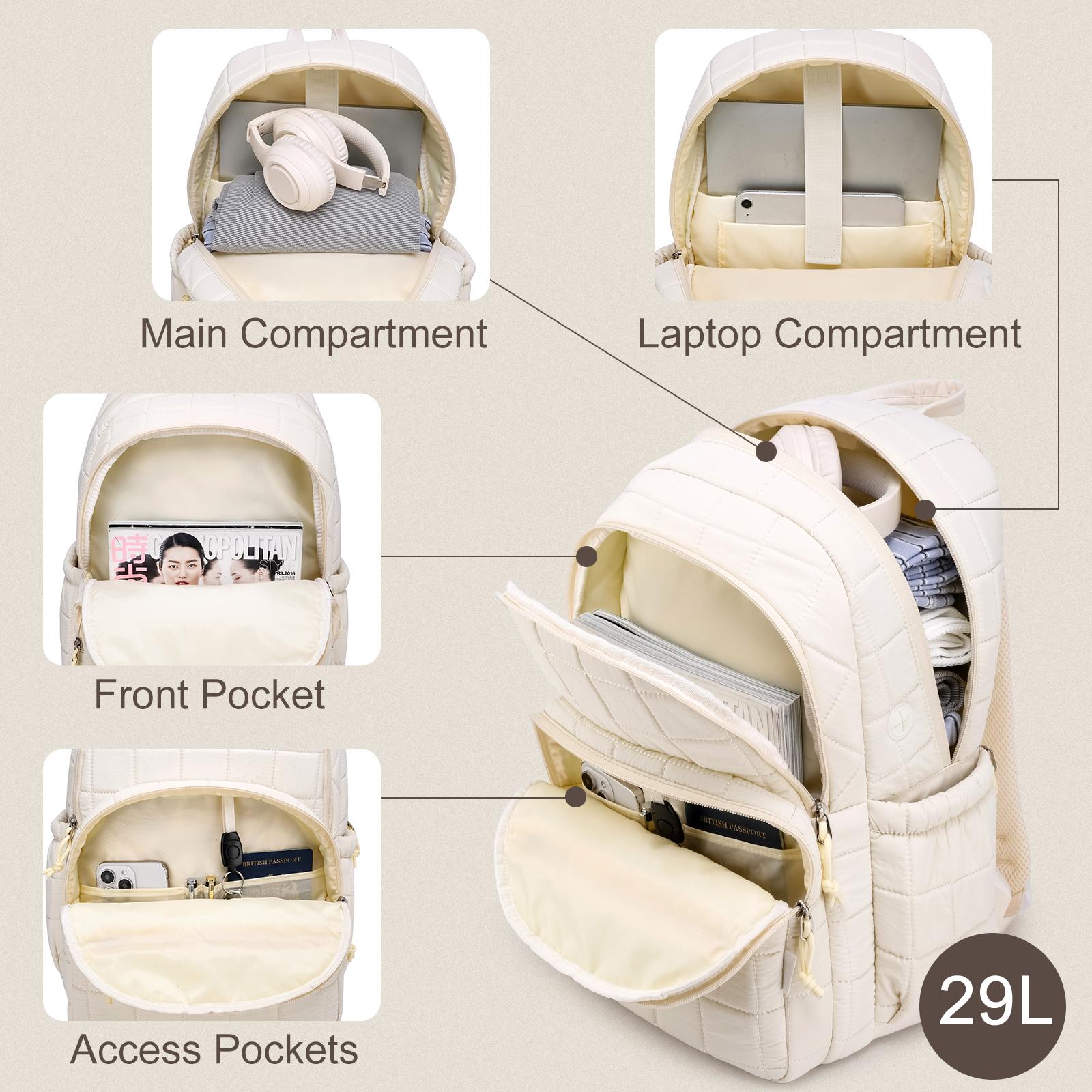 Cream White Grid Quilted Laptop Backpack for Women, 15.6 Inch Large Capacity Puffer Backpack with USB Charging Port, Water Resistant Cute School Backpack for Teens, College Students, Daily Commute, Travel & Office