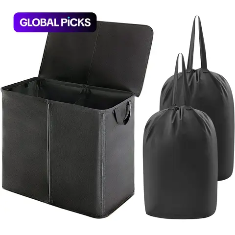 Double Laundry Hamper with Lid, Collapsible Laundry Basket Set with 1 Large Dirty Clothes Hamper and 2 Removable Laundry Bags for Bedroom, Bathroom and Dormitory, College Laundry Baskets, Divided Laundry Hamper #GLOBAL PICKS