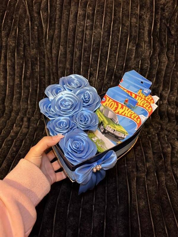 Valentine’s Day gift Heart shape box with blue eternal ribbon roses and hot wheels. Gift for man, for boyfriend, for husband. Gift for Valentine’s Day , birthday, anniversary , Father’s Day