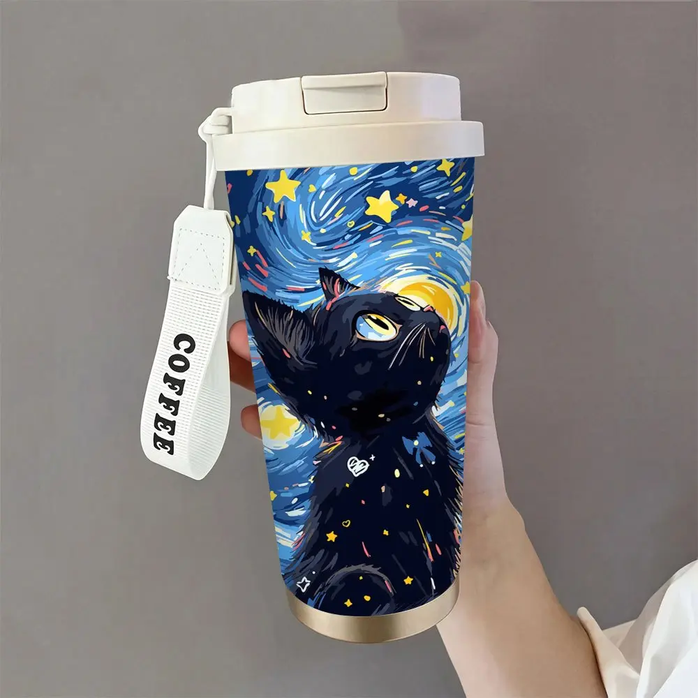 Van Gogh Starry Night Printed Traditional Insulated Stainless Steel Flask Tumbler - 18oz, Shatterproof, PVC-Free, Phthalate-Free, Leak-Proof, Hot & Cold Beverages, Home Office Use, Gift-Worthy Coffee Bar Accessory Drinkware Portable