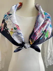 100% Silk Twill Scarf Large Shawl Silk Bandana Silk Hair Head Scarf 35x35” 90x90cm Fun in Clouds Dark Navy Silk Scarf Square All Season Gift