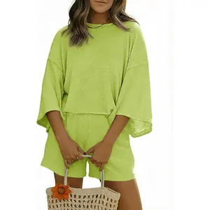 Tankaneo Womens Short Sets 2 Piece Outfits 3/4 Sleeve Tops and Elastic Waist Shorts Lounge Set Casual Loungewear