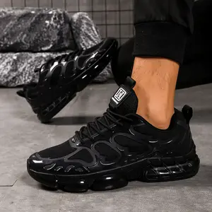 Men's Black Chunky Sneakers, Breathable Mesh Casual Athletic Shoes, Non-Slip Air Cushion Running Trainers for Men, All-Black Streetwear Walking Shoes