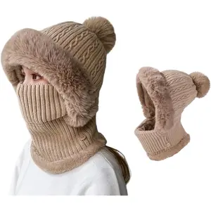 Women’s Knit Beanie Set - Fleece Lined Winter Hat Scarf Mask Plush Earmuff with Pompom Snow Cap​