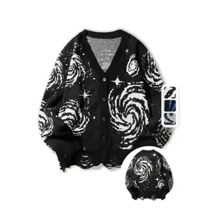 Men's Fashion Knit Cardigan Sweater - Casual V-Neck, Starry Galaxy Pattern, Long Sleeves with Tassel, Machine Washable, Polyester - Ideal Fall/Winter, Cute Sweaters