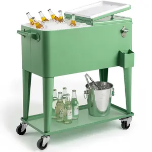 80 Quart Rolling Ice Chest, Portable Bar Drink Cooler with Catch Basin, Bottom Storage Tray and Bottle Opener for Patio Party BBQ Beach Activities