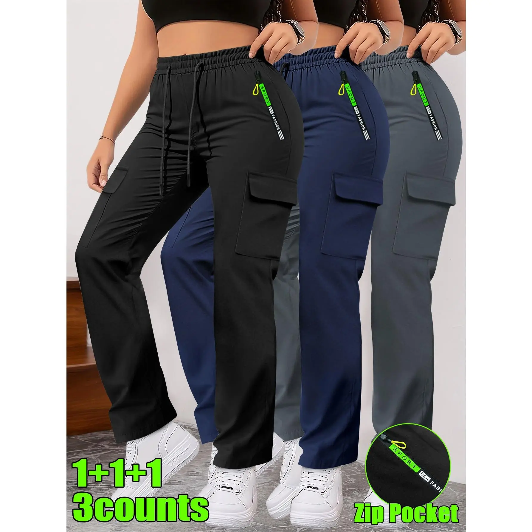 Women’s 3-Pack Activewear Athletic Bottoms, Spring/Autumn Green Letter-Print Work Trousers with Zipped Pockets, Stylish Large Patch Pocket, Adjustable Drawstring-Elastic Waistband, Sportswear for Jogging & Everyday Wear, Comfortable