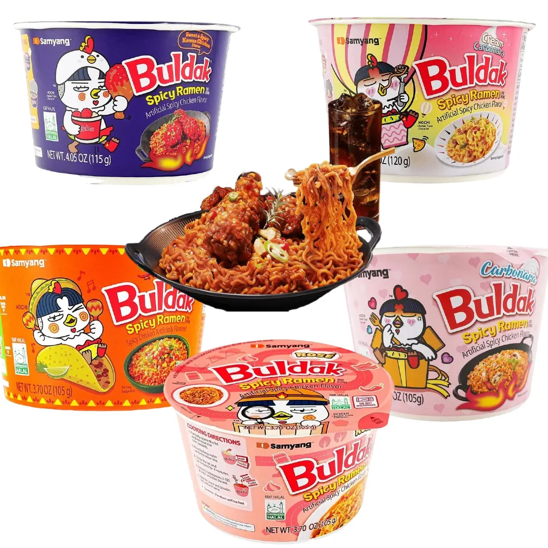 SAMYANG Buldak Spicy Chicken Ramen Bowl 3.7 oz~4.23 oz - New Taco Flavor & Cream Carbonara Flavor  & 	Sweet & Spicy Korean Chicken Flavor &	Rose Flavor  & Carbonara FlavorConvenient Instant Noodles