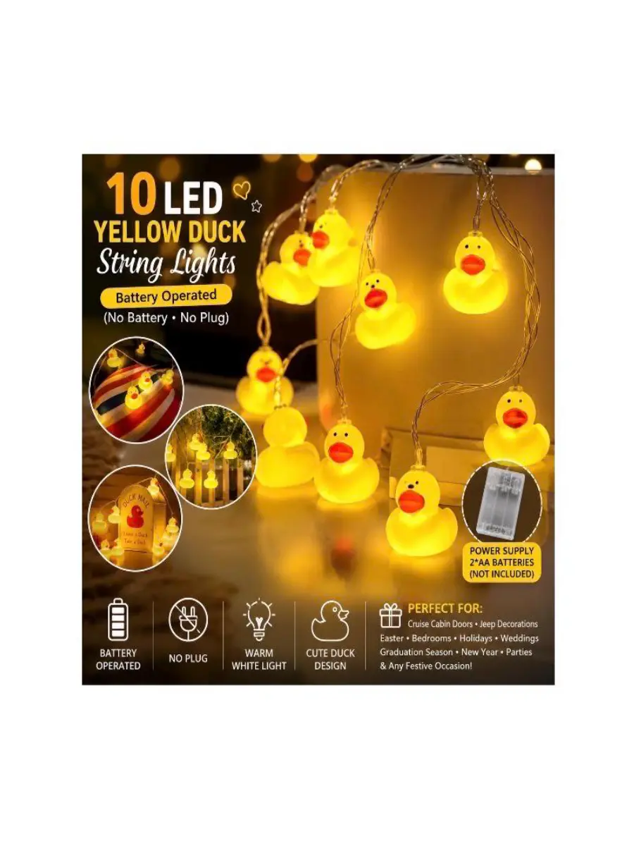 10 LED Yellow Duck String Lights: Battery Operated, Cruise Cabin Decor, Easter Party Lights