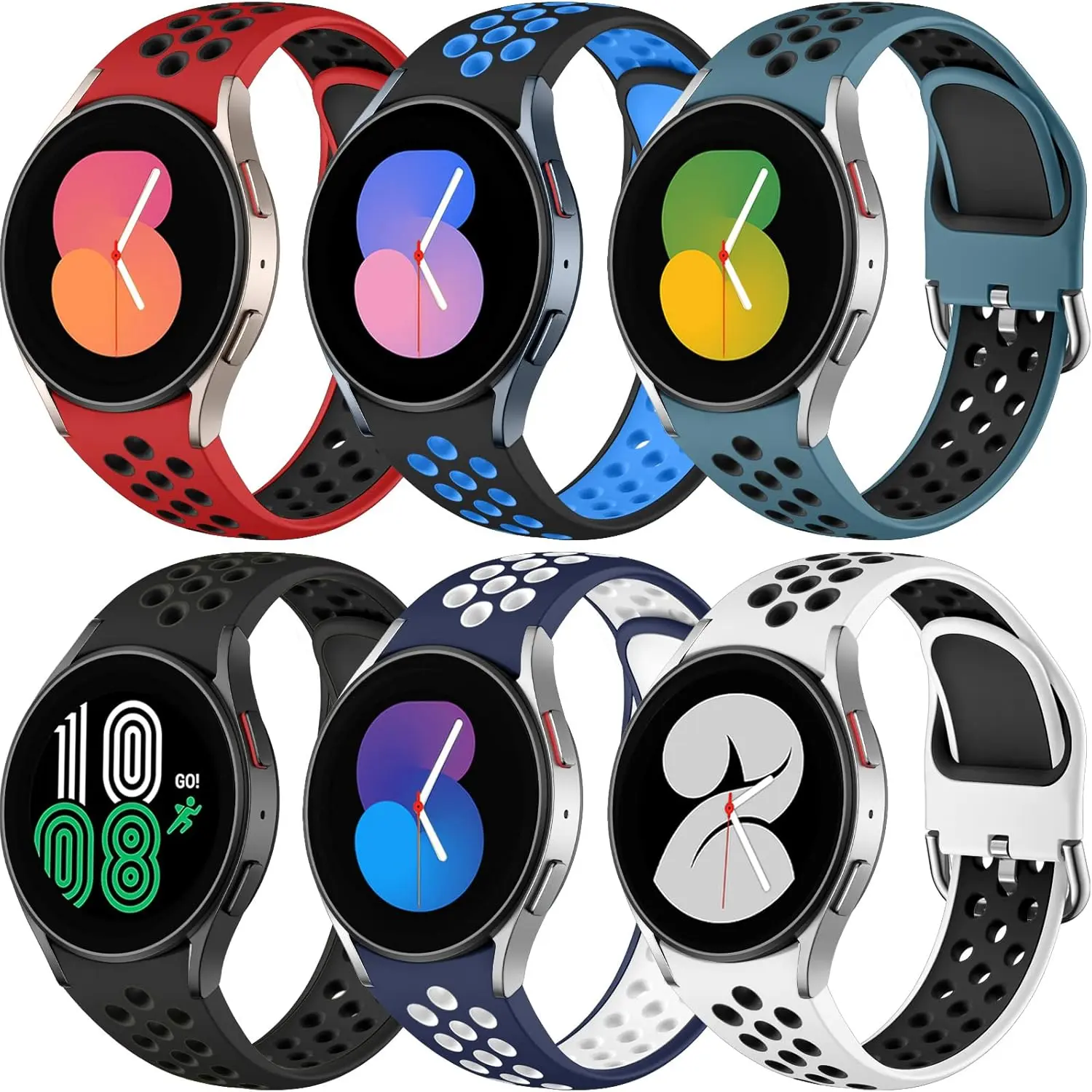 6-Pack 20mm No-Gap Silicone Smart Watch Bands, Waterproof Silicone Sport Accessories Compatible with Samsung Galaxy Watch 7/6/5/4, 6 Classic, 5 Pro, 4 Classic for Men Women, Wearable, Connection